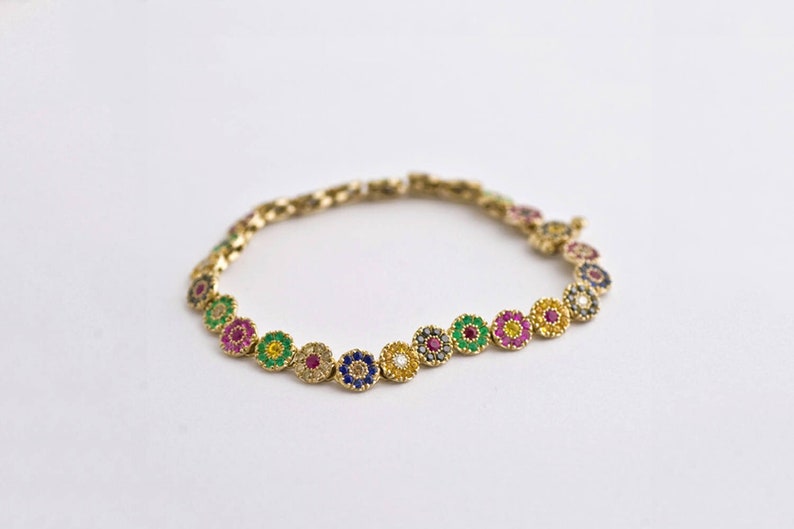 Multi-Color Gemstone Bracelet Hue Rainbow Charm Bracelet Disc Bracelet Sapphire Oriental Tika Bracelet for Woman Colorful Bracelet image 1