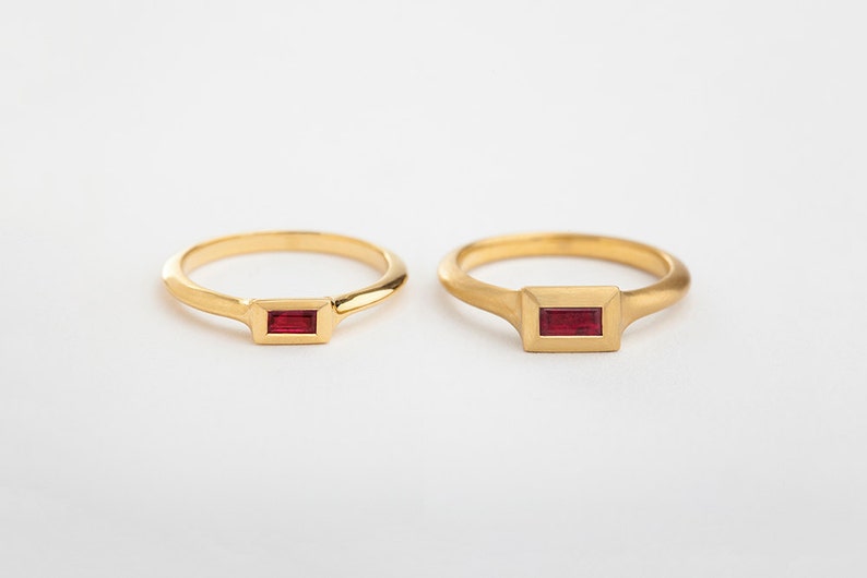 Rose Gold Ruby Stack Ring Ruby Solitaire Ring Unique Ring for Her Gold Stack Baguette Ring Minimalist Engagement, Anniversary image 4