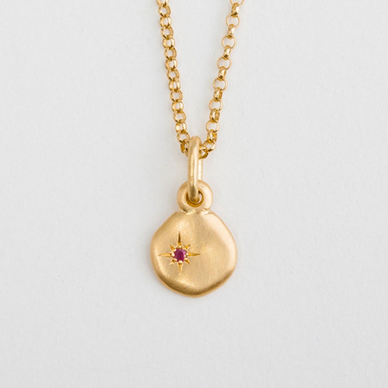 Tiny Ruby Gold Charm 18k Yellow Gold Pendant Simple Ruby Charm Dainty Gold Disc Cloud Charm, Jewelry Valentine Day Gift for Her image 2