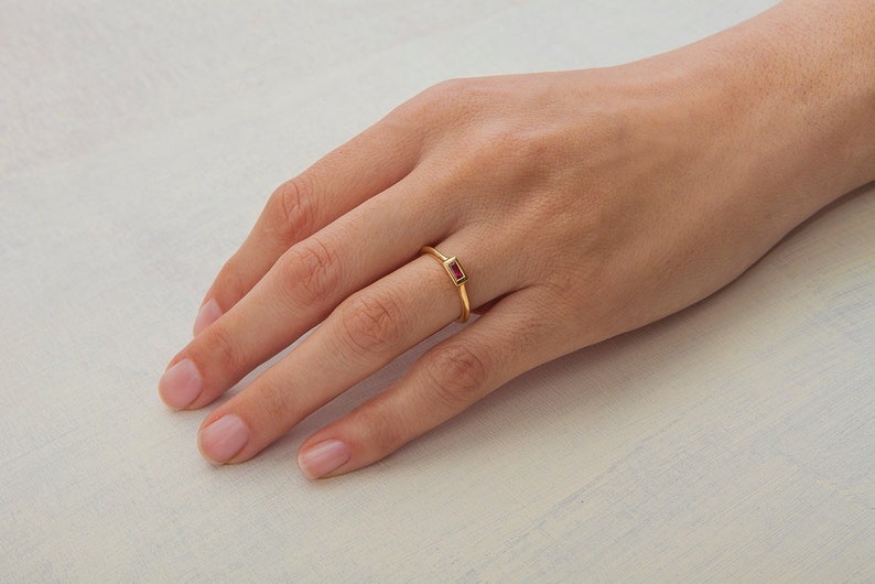 Rose Gold Ruby Stack Ring Ruby Solitaire Ring Unique Ring for Her Gold Stack Baguette Ring Minimalist Engagement, Anniversary image 1