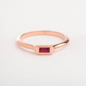 Rose Gold Ruby Stack Ring Ruby Solitaire Ring Unique Ring for Her Gold Stack Baguette Ring Minimalist Engagement, Anniversary image 3