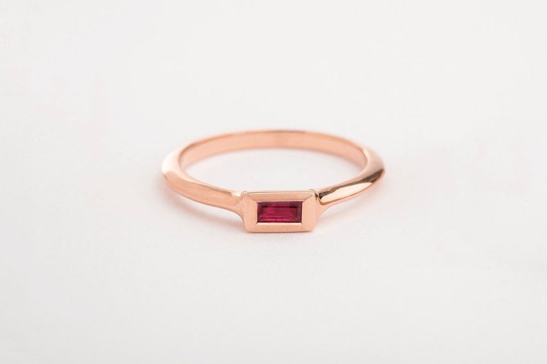 Rose Gold Ruby Stack Ring Ruby Solitaire Ring Unique Ring for Her Gold Stack Baguette Ring Minimalist Engagement, Anniversary image 3