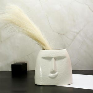 May include: A white ceramic vase with a face design, holding a fluffy, cream-colored plume. The vase has a textured surface and a minimalist aesthetic. A small black cube sits to the left of the vase.