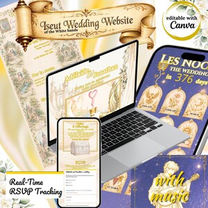 Peut inclure: Un modèle de site web de mariage numérique affiché sur un ordinateur portable et un smartphone, avec du texte doré, des illustrations de châteaux, des motifs floraux et une bannière en parchemin avec le texte Iseut Wedding Website of the White hands.
