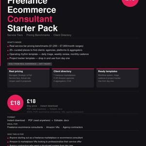 Puede incluir: Un producto de descarga digital titulado "Freelance Ecommerce Consultant Starter Pack" con texto y un círculo rosa con el precio de £18. El paquete incluye puntos de referencia de precios de servicios reales, directorios de clientes y plantillas listas para usar.
