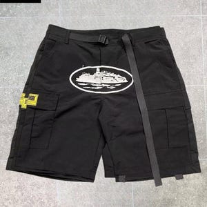 Corteiz Cargo Shorts | Oval Yacht Graphic | Utility Belt | CRTZ Streetwear Black/White