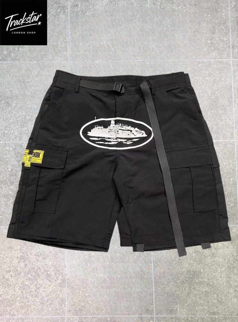 Corteiz Cargo Shorts | Oval Yacht Graphic | Utility Belt | CRTZ Streetwear Black/White
