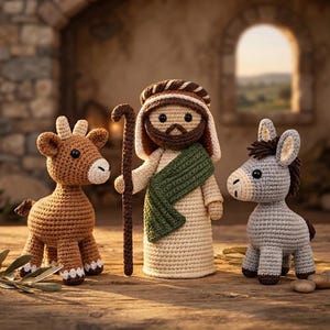 Pode incluir: Um conjunto de três figuras de crochê, incluindo uma cabra castanha com cascos brancos, uma figura central com barba castanha vestindo uma túnica bege e faixa verde segurando um cajado castanho, e um burro cinzento com crina castanha.