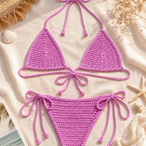 Patrón de bikini de ganchillo, conjunto de bikini triangular rosa, traje de baño hecho a mano en formato PDF.