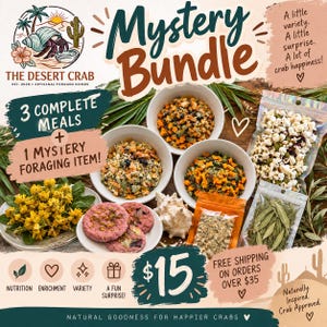 May include: A mystery bundle for crabs featuring three bowls of dried food mixes, pink cookies, and two clear pouches containing popcorn and green leaves. The text reads Mystery Bundle, 3 Complete Meals + 1 Mystery Foraging Item, and The Desert Crab.