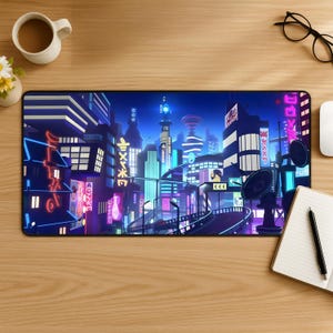 Tappetino per mouse con skyline cyberpunk, tappetino per mouse con città al neon, tappetino da scrivania futuristico, postazione da gioco fantascientifica, decorazione da scrivania cyber-estetica, regalo per gamer