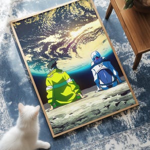 Puede incluir: Un cuadro enmarcado con dos figuras de estilo anime contemplando un vibrante paisaje c&oacute;smico con un sol brillante. Una figura lleva una chaqueta verde, la otra un traje azul. El cuadro est&aacute; sobre una alfombra azul estampada, con un gato blanco en primer plano.