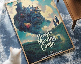 Howl's Moving Castle Movie Poster | Studio Ghibli Anime Wall Decor | Retro Hayao Miyazaki Fantasy Art Print |Vintage Japanese Cinema Decor
