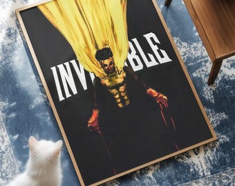 Póster de la serie animada de cómics Invincible / Decoración de pared de Omni-Man de Mark Grayson / Lámina de arte gráfico de superhéroes retro / Decoración de cómics en blanco y negro y amarillo