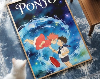 Póster de la película Ponyo / Decoración de pared de anime de Studio Ghibli / Lámina de arte fantástico en acuarela de Hayao Miyazaki / Habitación de animación japonesa adorable
