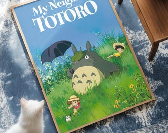 Póster de la película Mi Vecino Totoro / Decoración de pared de anime de Studio Ghibli / Lámina artística de paisaje vintage de Hayao Miyazaki / Decoración adorable para la sala de juegos de los niños