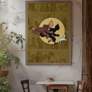 May include: A framed rectangular wall art print featuring a central circular illustration of the character Tintin running alongside his white dog Snowy. The background consists of a sepia-toned collage of comic book panels with text bubbles.