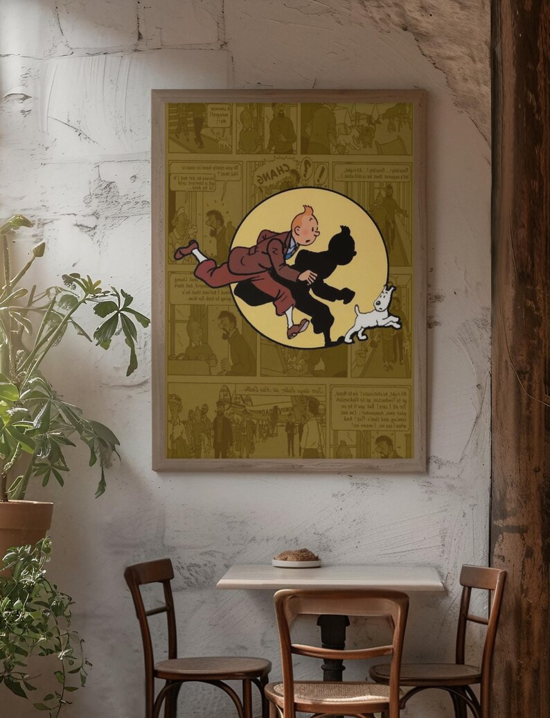 May include: A framed rectangular wall art print featuring a central circular illustration of the character Tintin running alongside his white dog Snowy. The background consists of a sepia-toned collage of comic book panels with text bubbles.