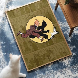 May include: A rectangular framed poster featuring a central yellow circle with a cartoon character in a brown coat running alongside a white dog. The background consists of a collage of monochromatic comic book panels with text in speech bubbles.