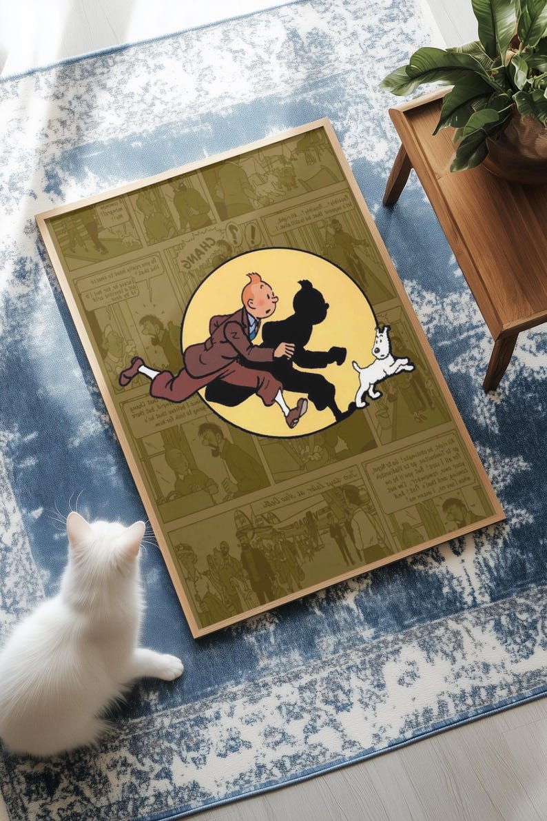 May include: A rectangular framed poster featuring a central yellow circle with a cartoon character in a brown coat running alongside a white dog. The background consists of a collage of monochromatic comic book panels with text in speech bubbles.