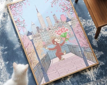 Curious George New York City Poster | Spring in NYC Wall Decor | Classic Children's Book Art Print | Pastel Cherry Blossom Nursery Decor