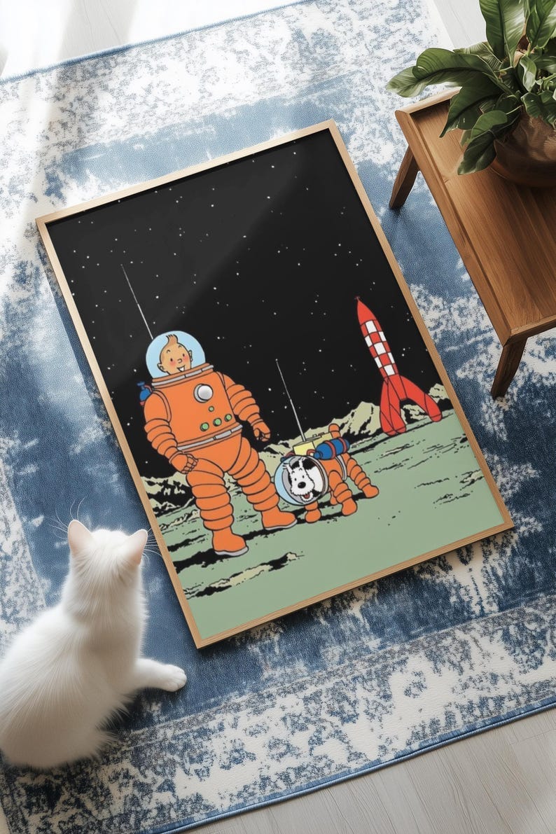 May include: Framed print featuring a cartoon illustration of a spaceman and a dog on a planet with a red and white rocket. The spaceman and dog are wearing orange space suits. The background is black with stars.