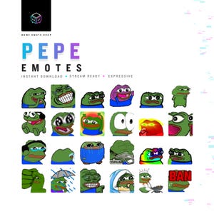 May include: A digital collection of Pepe the Frog character emotes featuring various expressions and actions. The text reads MEME EMOTE DROP, PEPE EMOTES, INSTANT DOWNLOAD, STREAM READY, and EXPRESSIVE. The grid displays twenty-four unique green frog icons.