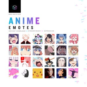 May include: A digital collection of twenty-four anime-style character emotes arranged in a grid. The header displays the text MEME EMOTE DROP, ANIME EMOTES, INSTANT DOWNLOAD, STREAM READY, and EXPRESSIVE. Each square features a unique facial expression.