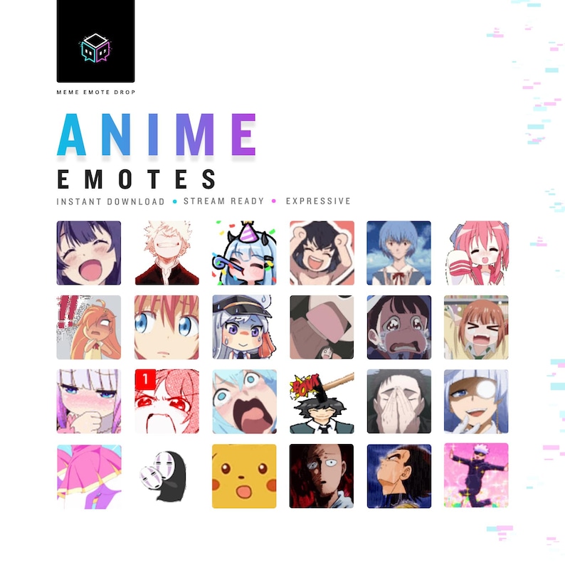 May include: A digital collection of twenty-four anime-style character emotes arranged in a grid. The header displays the text MEME EMOTE DROP, ANIME EMOTES, INSTANT DOWNLOAD, STREAM READY, and EXPRESSIVE. Each square features a unique facial expression.