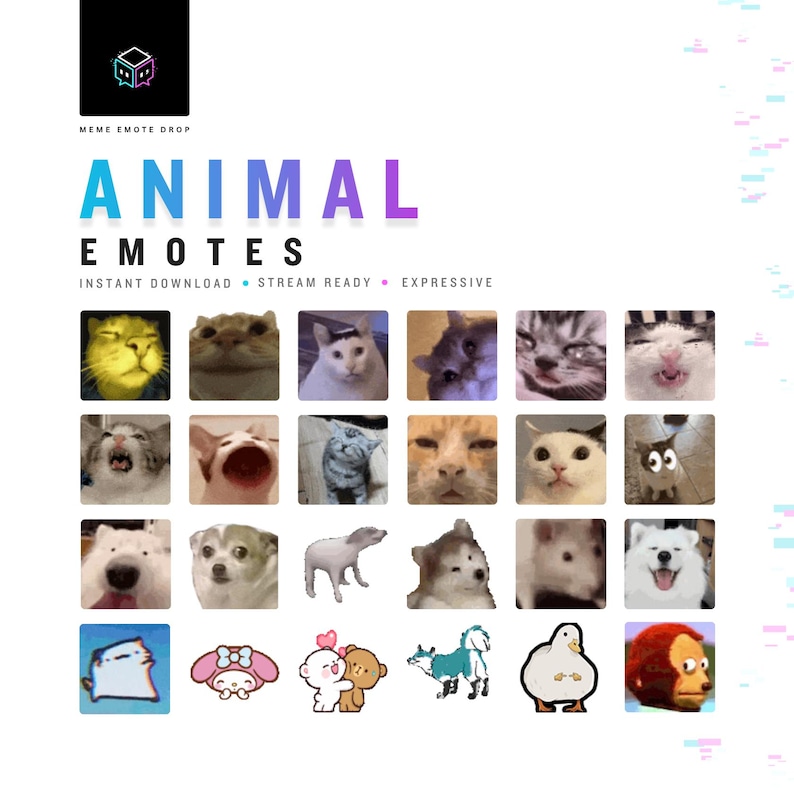 May include: A digital collection of animal emotes featuring various cat expressions, dogs, a duck, and cartoon characters. The text reads MEME EMOTE DROP, ANIMAL EMOTES, INSTANT DOWNLOAD, STREAM READY, EXPRESSIVE. The grid displays twenty-three distinct icons.