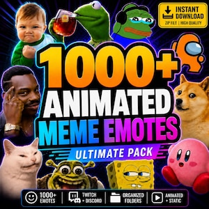 May include: A digital graphic featuring the text 1000+ ANIMATED MEME EMOTES ULTIMATE PACK, surrounded by various internet meme characters including a baby, Kermit the Frog, Pepe the Frog, a dog, a cat, Shrek, SpongeBob, and Kirby.