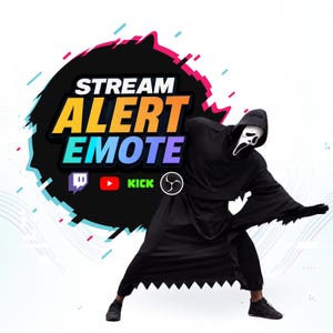 Op de afbeelding: Een digitale afbeelding met de tekst STREAM ALERT EMOTE in dikke, kleurrijke letters. Onder de tekst staan iconen voor Twitch, YouTube, Kick en OBS. Een figuur in een zwarte gewaad met capuchon en een wit spookmasker poseert.