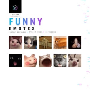 May include: A digital collection of ten cat-themed emotes featuring various expressions and poses. The graphic includes the text MEMETOSS THE FUNMAKER, FUNNY EMOTES, INSTANT DOWNLOAD, STREAM READY, and EXPRESSIVE. The cats are shown in different colors.