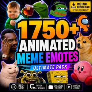 Peut inclure: Une collection numérique de 1750+ émoticônes mèmes animées représentant divers personnages dont un bébé, Kermit la grenouille, Pepe la grenouille, Among Us, Doge, un chat, Shrek, Bob l'éponge et Kirby, avec le texte 1750+ ANIMATED MEME EMOTES ULTIMATE PACK.