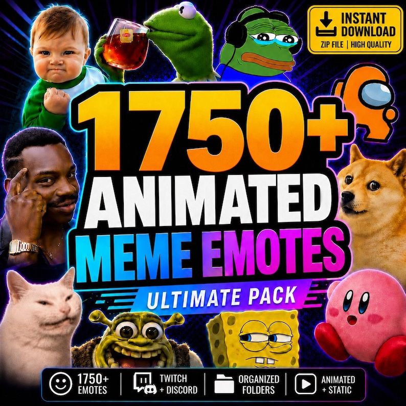 May include: A digital collection of 1750+ animated meme emotes featuring various characters including a baby, Kermit the Frog, Pepe the Frog, Among Us, Doge, a cat, Shrek, SpongeBob, and Kirby, with text reading 1750+ ANIMATED MEME EMOTES ULTIMATE PACK.