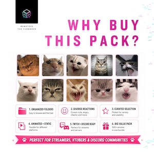May include: A digital graphic titled WHY BUY THIS PACK? featuring ten varied cat expressions in a grid. Below are six numbered points detailing features like organized folders, diverse reactions, curated selection, animated and static files, Twitch and Discord compatibility, and a large bundle size. The bottom banner reads PERFECT FOR STREAMERS, VTUBERS & DISCORD COMMUNITIES.