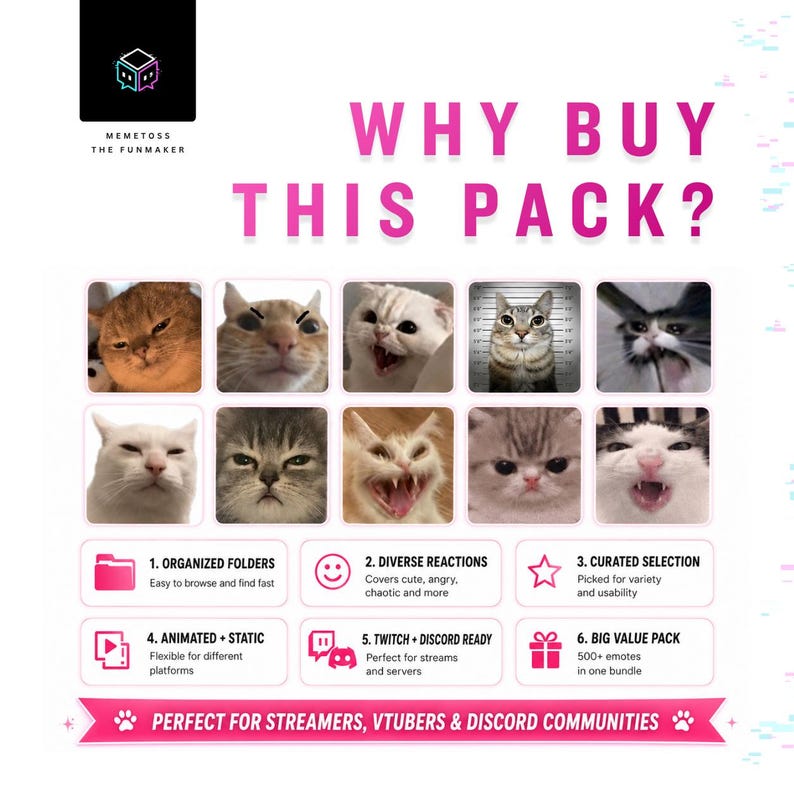 May include: A digital graphic titled WHY BUY THIS PACK? featuring ten varied cat expressions in a grid. Below are six numbered points detailing features like organized folders, diverse reactions, curated selection, animated and static files, Twitch and Discord compatibility, and a large bundle size. The bottom banner reads PERFECT FOR STREAMERS, VTUBERS & DISCORD COMMUNITIES.