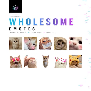 May include: A digital collection of ten cat-themed emotes titled WHOLESOME EMOTES by MEMETOSS THE FUNMAKER. The graphics feature various kittens in expressive poses, including one wearing a bread slice, one in a yellow character hood, and others with heart overlays.