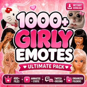 以下が含まれることがあります： ピンクの背景に白い文字で「1000+ Girly Emotes Ultimate Pack」と書かれたデジタル広告画像。漫画の猫、ハムスター、人間や人形の顔が配置され、アニメーション、静止画、Twitch、Discordファイル用のアイコンが含まれています。