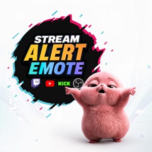 Könnte beinhalten: Eine digitale Grafik mit einem flauschigen rosa Wesen mit ausgestreckten Armen. Darüber befindet sich ein schwarzes kreisförmiges Abzeichen mit dem Text STREAM ALERT EMOTE in Weiß, Gelb und Blau sowie Icons für Twitch, YouTube, Kick und OBS.
