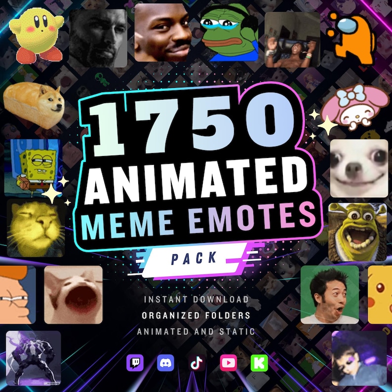 May include: A digital collection titled 1750 ANIMATED MEME EMOTES PACK featuring a collage of various internet memes including Kirby, SpongeBob, Shrek, and cat images, with icons for Twitch, Discord, TikTok, YouTube, and Kick displayed at the bottom.
