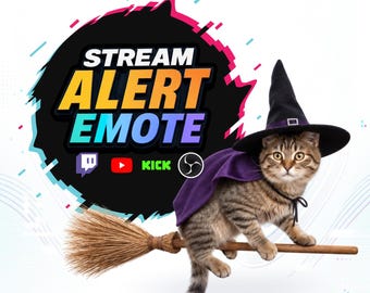 Witch Cat Broom Twitch Alert & Emote Pack | Funny Tabby Cat Meme, Transparent WEBM, Sound + Silent