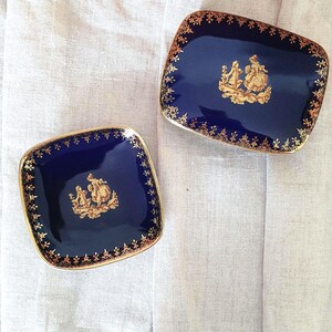 Vintage Arka Paris Porcelain Trinket Box Vide-Poche Set, Cobalt Blue Gold Gilt Dish