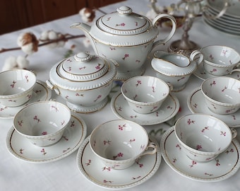 Vintage Bernardaud Limoges teservis – Fransk porslins teservis – Guldkant