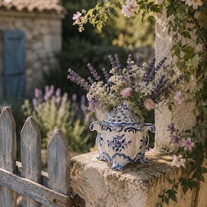 Vintage fransk fajansbukett i Moustiers-stil – Blå & vit blommig blomhållare