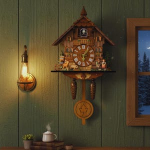 Op de afbeelding: Een houten koekoeksklok in chaletstijl met een ronde wijzerplaat met Romeinse cijfers, goudkleurige wijzers, twee hangende gewichten in de vorm van dennenappels en een slinger met een bladmotief. De klok bevat kleine beeldjes van een hert, een varken en twee personen.