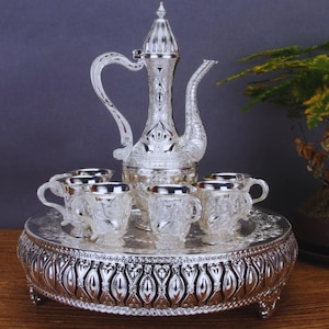 Arabic Coffee Tea Set, Luxury Dallah Serving Set, Ramadan & Eid Gift, Gold or Silver Turkish Coffee Set with Tray  6 Cups