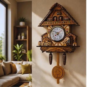 Small Wooden Cuckoo Wall Clock 23cm, Vintage Black Forest Style Pendulum Clock, Rustic Home Decor, Gift for Parents