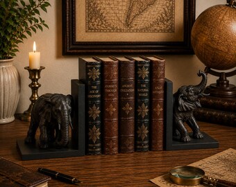 Elephant Bookends – Antique Study Decor – Matte Black