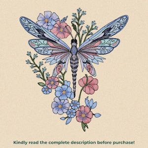 May include: An embroidered design featuring a dragonfly with intricate blue and pink wings, surrounded by clusters of small blue and pink flowers and green stems. The text at the bottom reads: Kindly read the complete description before purchase!
